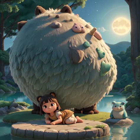 3D Animation, A two-year-old adorable girl wearing a Stone Age animal skin, sleeping peacefully on the belly of a large, hairy, fluffy and chubby TOTORO-like creature. The background features a serene lake with soft, dappled moonlight reflecting off the wa...