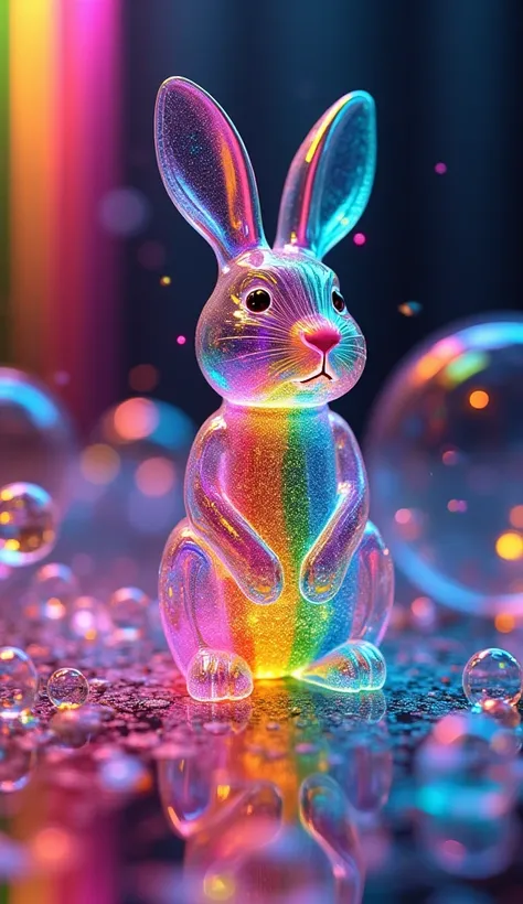 Abstract/Psychedelic Art with bright vibrant neon colors,melting crayons into full body transparant rabbit, A psychedelic dream, vibrant colors shimmering, glass morphing from colors, intricate rainbow patterns, perfectly formed symmetrical spheres and glo...