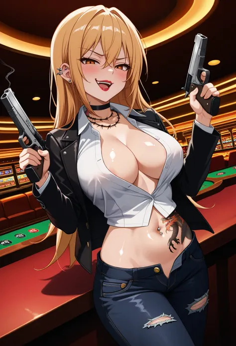 score_9, score_8_up, score_7_up, source_anime, 1girl, looking at viewer, smug, smirk,  defMiu, long hair, hair between eyes, large breasts, black choker, barbed wire necklace, , ear piercing, long hair, blush, lipstick,Hot girl, baddie, smoking, sensual, a...