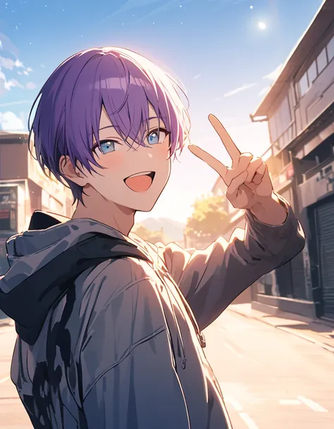 good looking, Alone, 1 male, purple Hair, blue eyes, shirt,  black and white hooded, noon, White Light,cute目,Short hairstyle,cute, sparkling scenery ,bright,Blue Sky,Looking at the camera,Making a peace sign,smile,Laughing,The background white