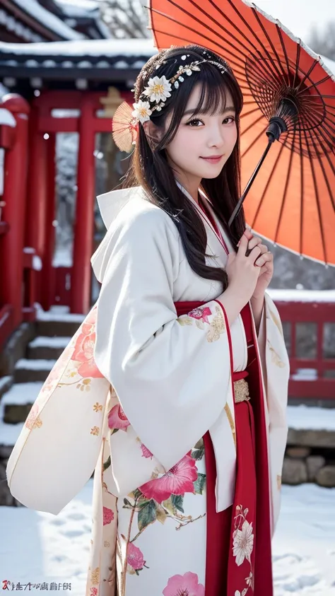 8k, RAW photo, best quality, masterpiece:1.2), (realistic, photo-realistic:1.4), (extremely detailed 8k wallpaper).A beautiful Japanese girl dressed in an elegant traditional kimono, standing gracefully on a snowy path leading to a Shinto shrine during the...