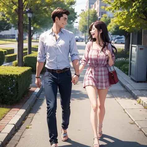 A young couple walking and laughing. Man is wearing unbuttoned plaid shirt, training shoes. Woman is wearing loose blouse and slipper.