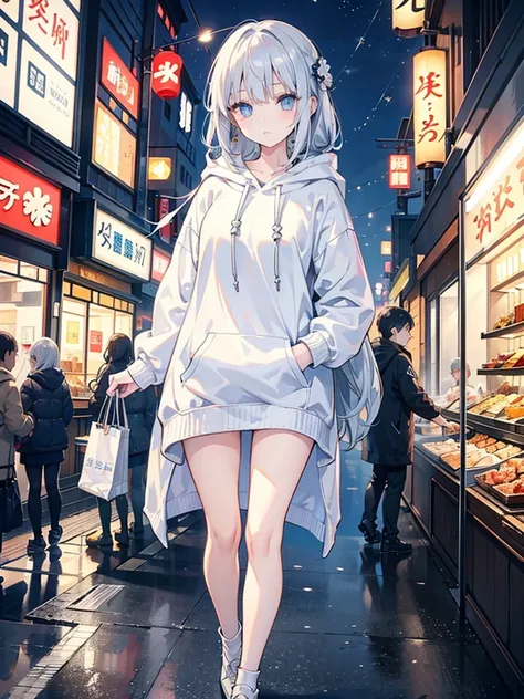 Walking through the shopping district、Young lady、Wear a hoodie、 Silver Hair、Light blue eyes、 highlight in the eyes、Shining eyes、Interested々Expression、Eating out、Holding yakitori in hand、night