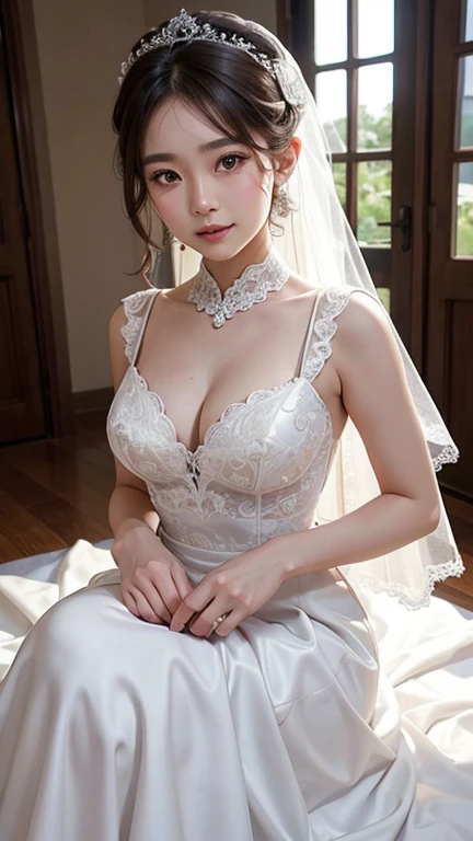 thai girl ,Wedding dress , mid breast , look at the viewer