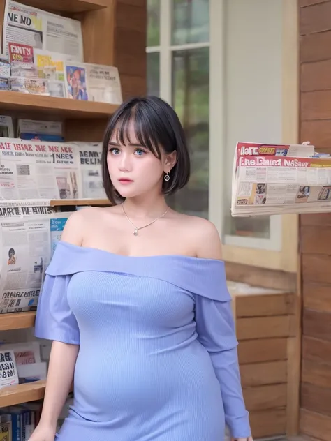 ((((Fat)))) a woman in a dress standing in front of  newspapers, short hair, bangs, blue eyes, brown hair, shirt, bare shoulders, collarbone, upper body, short sleeves, earrings, necklace, off shoulder, border, off-shoulder shirt