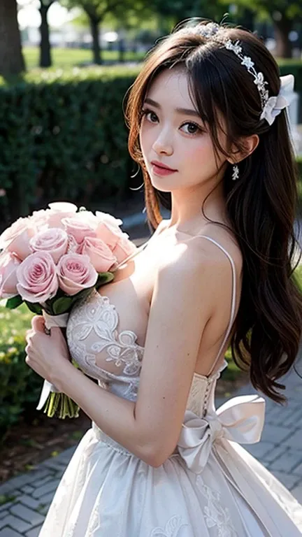 American girl ,Wedding dress , pink thin flower pattern , big breast , look at the viewer