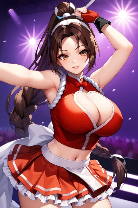 score_9_up, score_8_up, score_7_up,score_6_up, score_5_up, score_4_up , 1girl, solo, huge breasts, ((SPLIT-COLOR HAIR)), ((brown hair)), ((purple hair)), PonyShiranui, white japanese clothes, revealing clothes, cleavage, high ponytail, AthenaAsa2003, purpl...