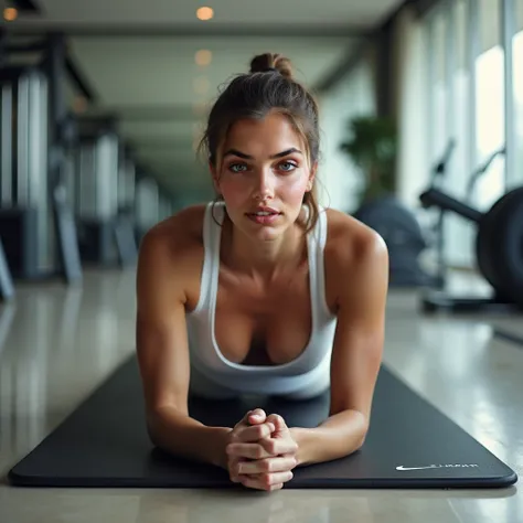  Create a woman with the same face as the image .  image from above . head on. Luxury Hotel Fitness Center .  short white sports shorts Lying on your back on a mat to train doing sit-ups.  Nike .  White low-cut sports bodice Nike . Nike sneakers color gray...