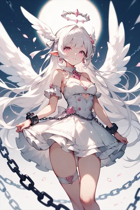 Hot anime   girl with   white  angel wings....  And wof ears ... In chains, with  white hair and pink eyes, wearing a  mini dress 