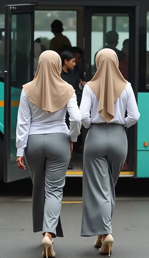 Two (2) indonesian aunty,  beige pasmina hijab , carrying a beautiful bag, as well as wearing a white shirt,  and wearing a tight long skirt of gray , hourglass shape body ,  big round buttocks protruding backwards  (( detail )), pose walking gracefully do...