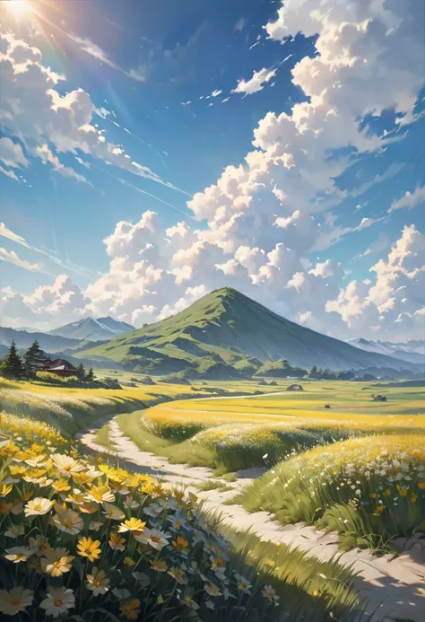 Realistic oil painting, Highest Masterpieces, Scenery,A field of pale yellow flowers,grassland, blue sky,Solar,A few clouds,Summer in Japan