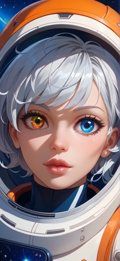 (Close-up of a better masterpiece:1.5)0.9], (Space and astronauts:1.2) (Messy silver hair:1.1) (Heterochromia xanthochromia and blue eyes:1.2) (Space Helmet:1.0) (Colored stars in the eyes:1.0) (A radiant glow:1.1) (thick lips:0.9)