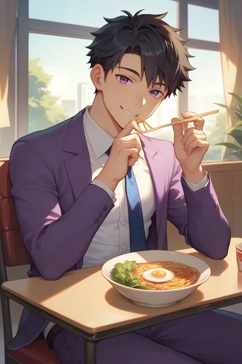 front view, black hair, very short hair, alone, looking at viewer, boy alone, smiling, long sleeves, morning, indoors, udon restaurant, sitting, on chair, mouth closed, upper body, purple jacket, white shirt, collared shirt, light blue strap tie, purple pa...