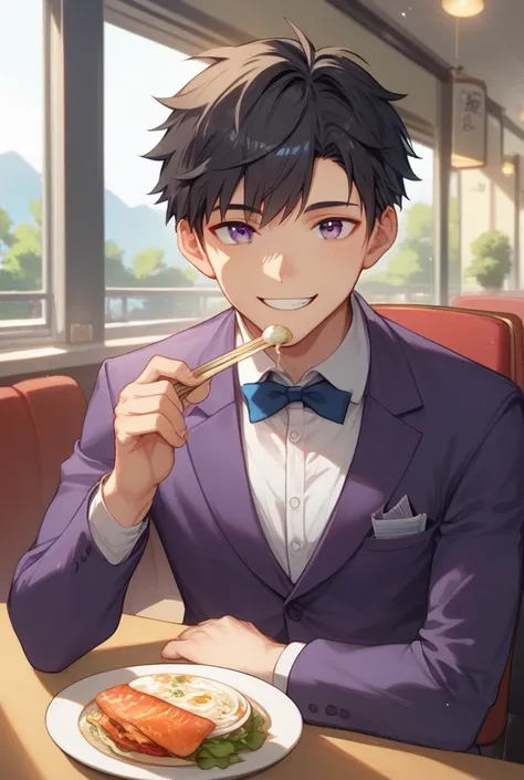 front view, black hair, very short hair, alone, looking at viewer, boy alone, smiling, long sleeves, morning, indoors, udon restaurant, sitting, on chair, mouth closed, upper body, purple jacket, white shirt, collared shirt, light blue strap tie, purple pa...