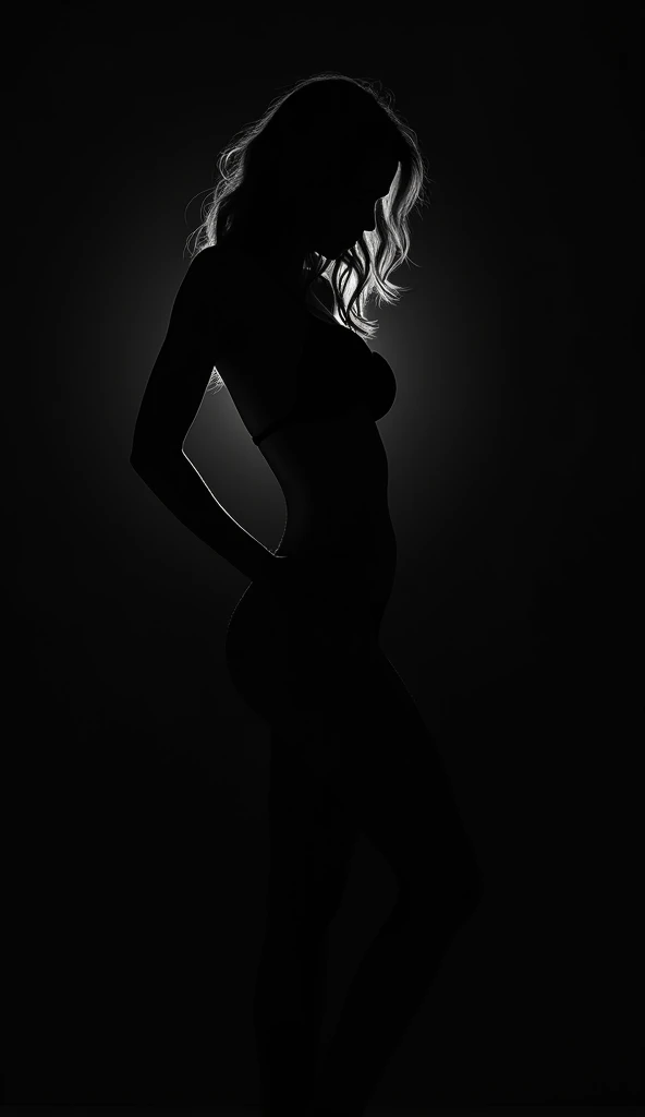 A cinematic black and white boudoir portrait of a beautiful woman’s silhouette, artfully posed against a jet-black backdrop. Low-key lighting creates dramatic contrasts, emphasizing the graceful lines of her form while shrouding the rest in mystery. The sc...