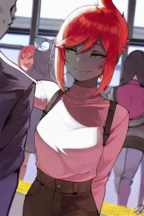 (( best quality)), (( masterpiece)), ( Detailed ),  a hybrid girl half shark , mature teenager ,  shark parts such as ears and fangs ,  red hair,  wearing casual clothes , gray skin with fins , shark glue,  showing a smile ,  against the background of a tr...