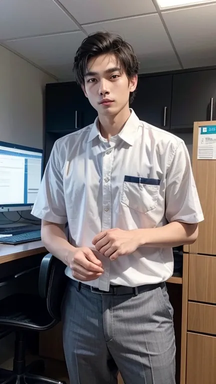 solo , 1man , thai man Standing , Office work clothes  , look at the viewer 