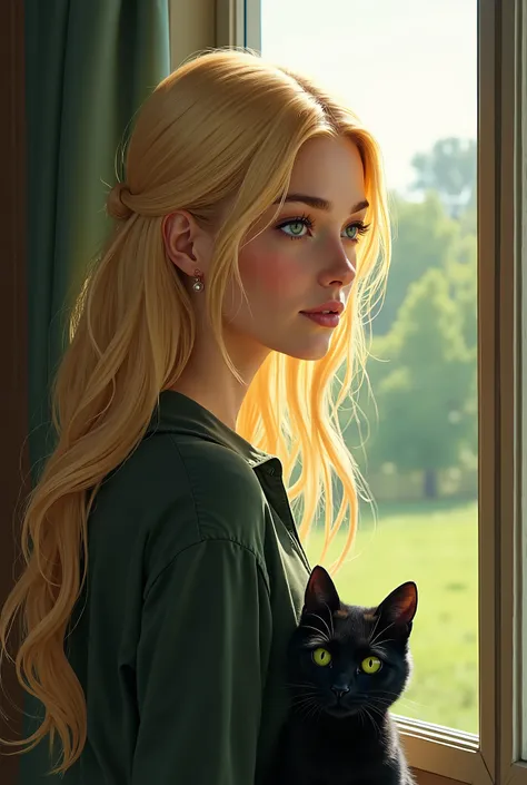 Dessine moi une jeune femme mince blonde avec des cheveux lisses et longs, on e voit pas son visage car elle est penchée en regardant le paysage à travers la fenêtre tenant son chat noir aux yeux verts 