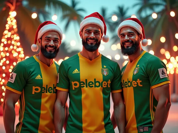 handsome men posing on the beach. badass face expressions. cool characters. holding soccer ball. posing and looking at the camera with 3 people team. "pelebet" text on green and yellow soccer t-shirts. brazil christmas concept decorations. christmas tree a...