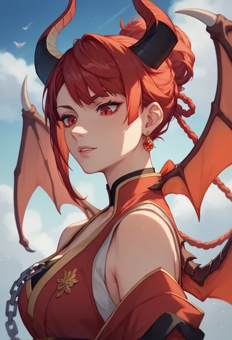  A girl with red hair up and down white,  with white tufts , Ojos rojos,  kinship to Tanjiro and Tokito ,  with earrings in the form of chains ,  wearing a black and red Kimono , with golden horns on his head, red dragon wings with black spikes , in the ya...