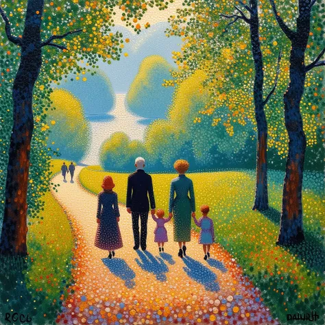 Georges Seurat Style, Family,Walking,A Stroll Down Memory Lane