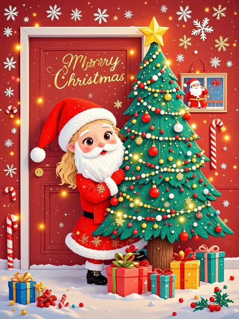  A realistically cute Santa peeks out from behind a red door， Probe behind a pure red wall ，Rectangular or arched ，close up， Extremely clean picture ，Simple characters， Visually playful ，Playful expression，32k ultra high definition， minimal style， illustra...