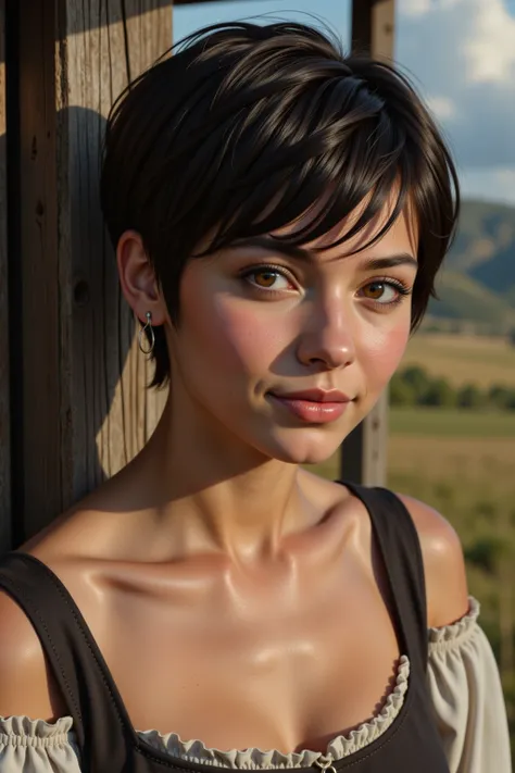 young peasant woman, short, brown skin, pixie cut black hair, cute, slutty. Crew Cut 