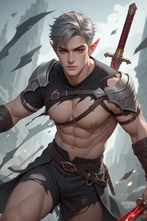 Play a black elf with gray skin man with a broken sword and with torn clothes he is evil and has red eyes