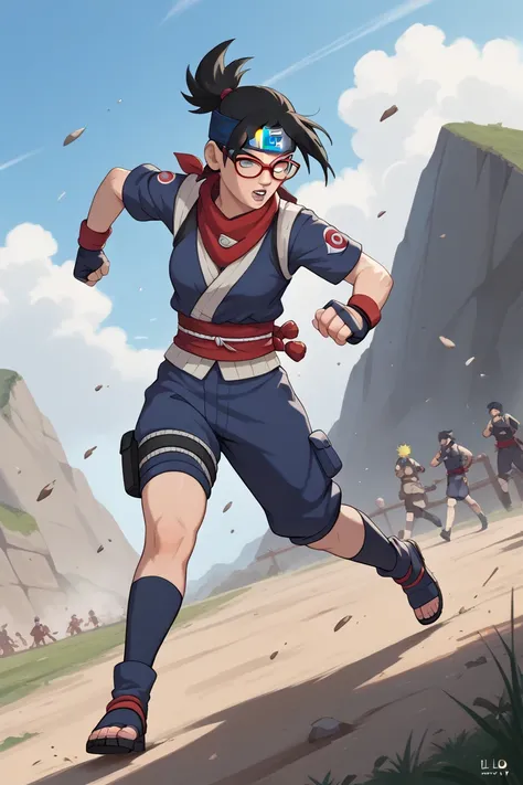 Ninja Stilo Naruto with the symbol of a dragon, a black cow with short, scrambled black hair with glasses and a kunai in his hand running through the middle of a battlefield without a bandana