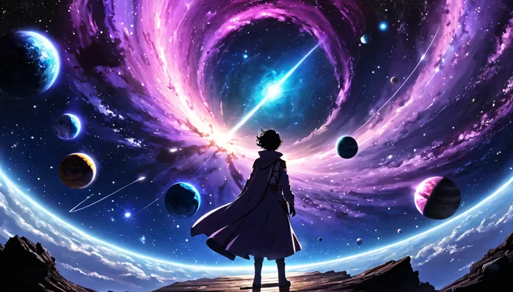    Mainly dark blue,    、unknown .

setting:   Dress like an explorer   、  show that youre ready     ,    Purple   ,    pink. Far away,   thats right   。backgroundはmain characterの ,    .

   central focus   : main character ( Young male or female )  彼らは 巨大...
