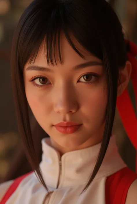 Close-up of Ling Xiaoyu from Tekken 8 dressed in her iconic costume, cosplay, capturing skin texture, UHD 12k resolution, enhanced contrast with strong shadows using octane rendering hyper-realism, ultra-HD 8k quality, portrayed with a hyper-realistic styl...