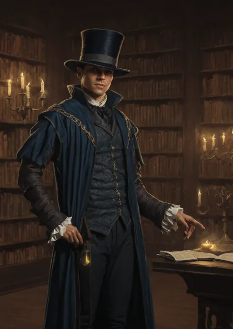  DND, a magician in medieval clothes . against the background of a magic library . 