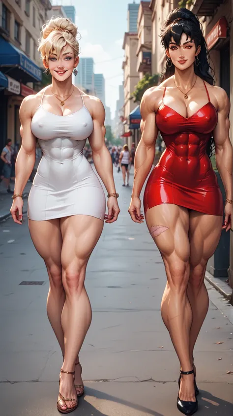 (((SFW))), (Fullbody view), two hypermuscular girlfriends meeting in a boutique, perfectly trained ((muscular bodies)), very impressive bulky musculature, the women have different haircuts, different skin colours, both are graceful and feminine, very large...