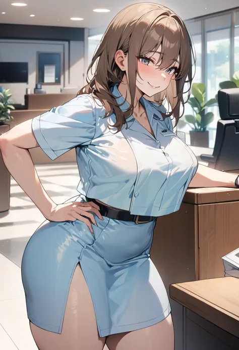 top quality, masterpiece,  high res, 8k,  anatomically correct human body, 1 girl, Alone, mature woman, ( with expressive dark brown hangings), ((( bright brown hair ))), (((Receptionist))), standing, (((cowboy shot))), (Receptionistの水色のユニフォーム), (((Light b...