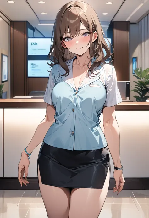 top quality, masterpiece,  high res, 8k,  anatomically correct human body, 1 girl, Alone, mature woman, ( with expressive dark brown hangings), ((( bright brown hair ))), (((Receptionist))), standing, (((cowboy shot))), (Receptionistの水色のユニフォーム), (((Light b...