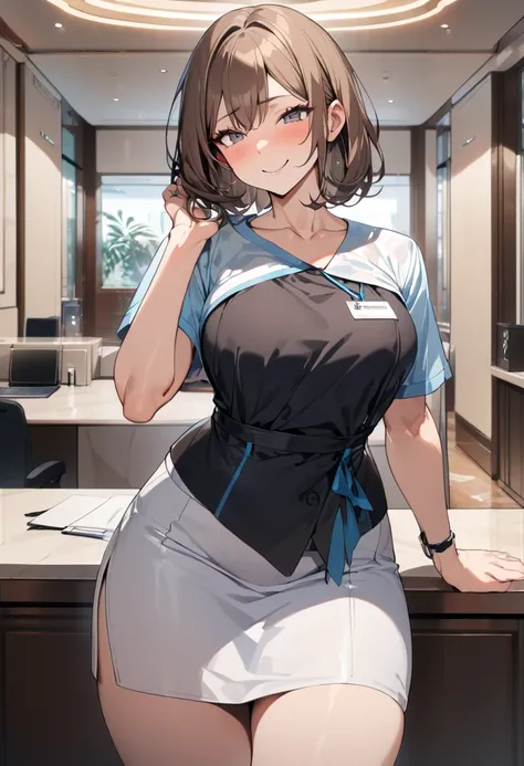 top quality, masterpiece,  high res, 8k,  anatomically correct human body, 1 girl, Alone, mature woman, ( with expressive dark brown hangings), ((( bright brown hair ))), (((Receptionist))), standing, (((cowboy shot))), (Receptionistの水色のユニフォーム), (((Light b...