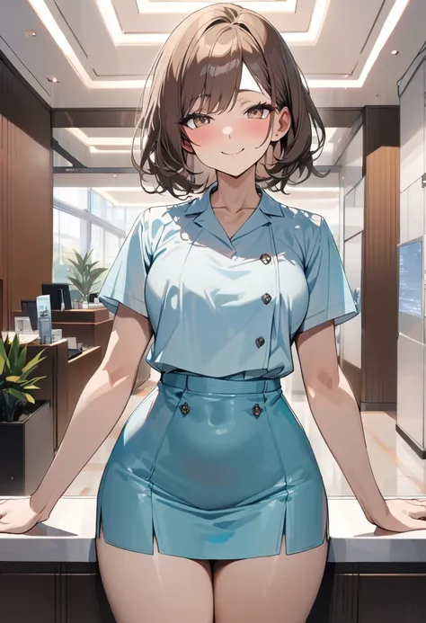 top quality, masterpiece,  high res, 8k,  anatomically correct human body, 1 girl, Alone, mature woman, ( with expressive dark brown hangings), ((( bright brown hair ))), (((Receptionist))), standing, (((cowboy shot))), (Receptionistの水色のユニフォーム), (((Light b...