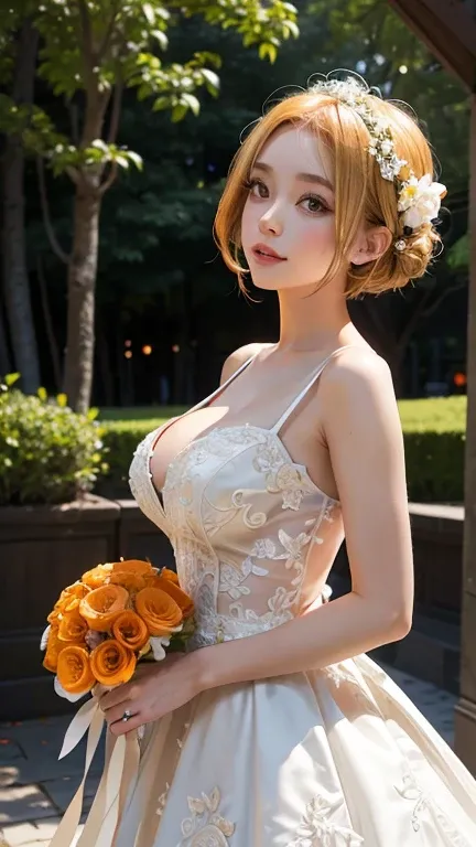 American girl Standing , Wedding dress , orange thin flower pattern , big breast , look at the viewer  , short blonde hair