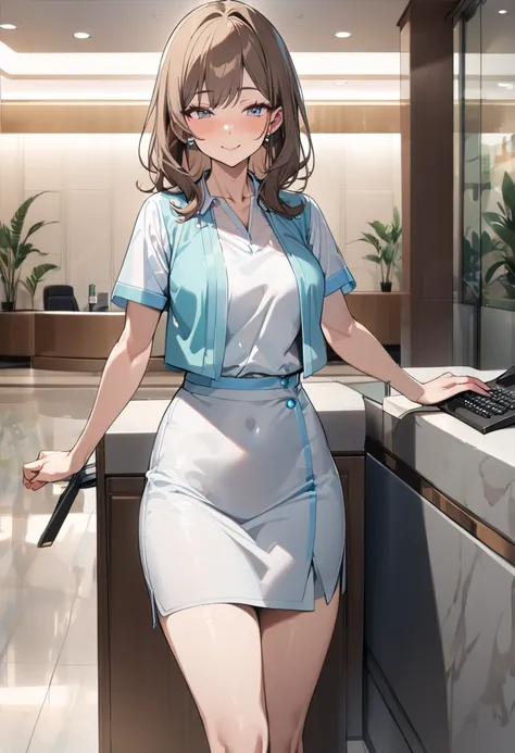 top quality, masterpiece,  high res, 8k,  anatomically correct human body, 1 girl, Alone, mature woman, ( with expressive dark brown hangings), ((( bright brown hair ))), (((Receptionist))), standing, (((cowboy shot))), (Receptionistの水色のユニフォーム), (((Light b...