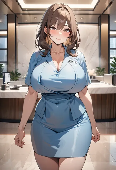 top quality, masterpiece,  high res, 8k,  anatomically correct human body, 1 girl, Alone, mature woman, ( with expressive dark brown hangings), ((( bright brown hair ))), (((Busty receptionist))), standing, (((cowboy shot))), (Receptionists light blue unif...