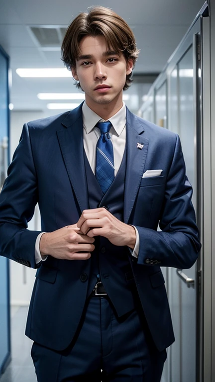 solo , 1man ,  American man Standing , blue Office work suit , look at the viewer 