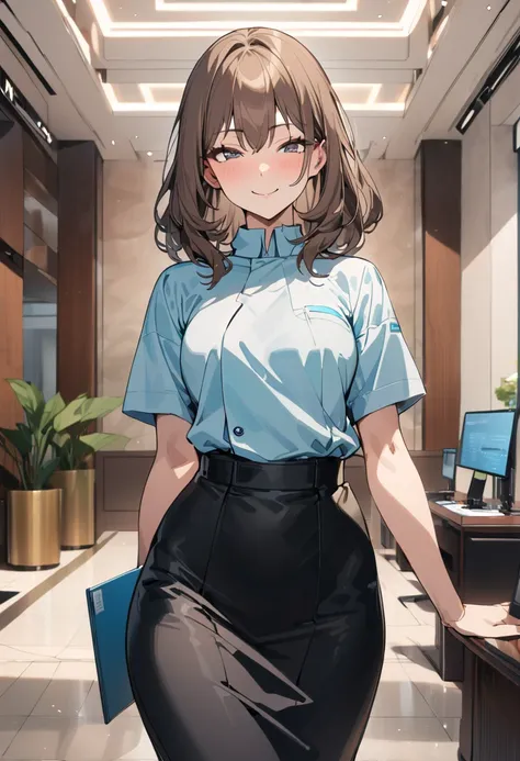 top quality, masterpiece,  high res, 8k,  anatomically correct human body, 1 girl, Alone, mature woman, ( with expressive dark brown hangings), ((( bright brown hair ))), (((Receptionist))), standing, (((cowboy shot))), (Receptionistの水色のユニフォーム), (((Light b...