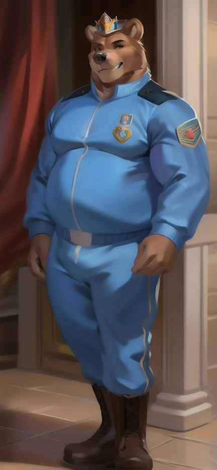  alone, Male tall  ,Big torso ,riding a chair  , Wearing a Royal Crown , Den,Big Bear Moose  , Blue Sportswear Soldier  ,  wearing boots ,  Overweight ,  muscle bundle ,  Soldier Smiling Blue Tracksuit  , by chunie 