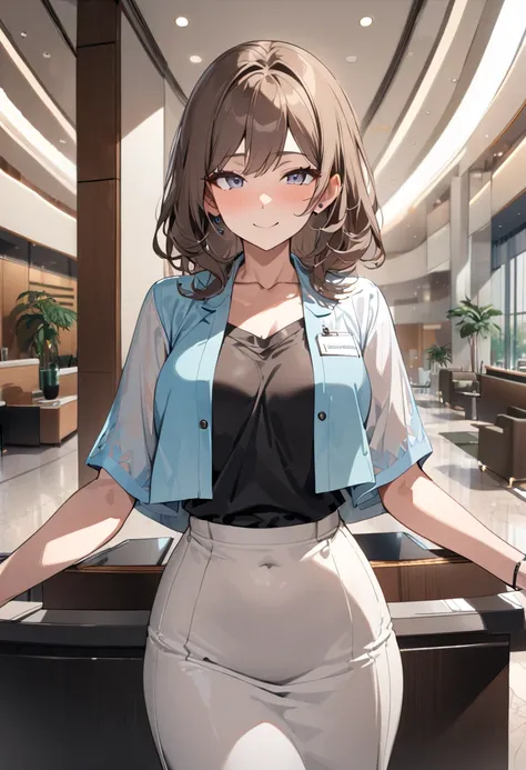 top quality, masterpiece,  high res, 8k,  anatomically correct human body, 1 girl, Alone, mature woman, ( with expressive dark brown hangings), ((( bright brown hair ))), (((Receptionist))), standing, (((cowboy shot))), (Receptionistの水色のユニフォーム), (((Light b...