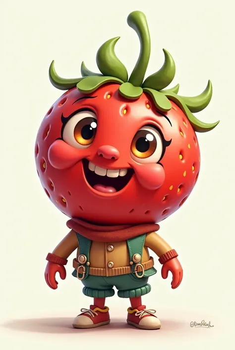 Animation drawing of a strawberry with eyes, mouth, legs, arms with clothes 