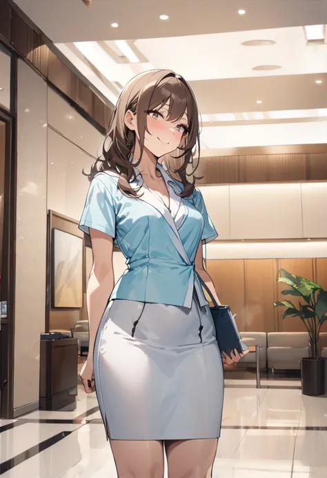 top quality, masterpiece,  high res, 8k,  anatomically correct human body, 1 girl, Alone, mature woman, ( with expressive dark brown hangings), ((( bright brown hair ))), (((Receptionist))), standing, (((cowboy shot))), (Receptionistの水色のユニフォーム), (((Light b...