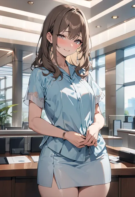 top quality, masterpiece,  high res, 8k,  anatomically correct human body, 1 girl, Alone, mature woman, ( with expressive dark brown hangings), ((( bright brown hair ))), (((Receptionist))), standing, (((cowboy shot))), (Receptionistの水色のユニフォーム), (((Light b...