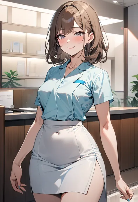 top quality, masterpiece,  high res, 8k,  anatomically correct human body, 1 girl, Alone, mature woman, ( with expressive dark brown hangings), ((( bright brown hair ))), (((Receptionist))), standing, (((cowboy shot))), (Receptionistの水色のユニフォーム), (((Light b...