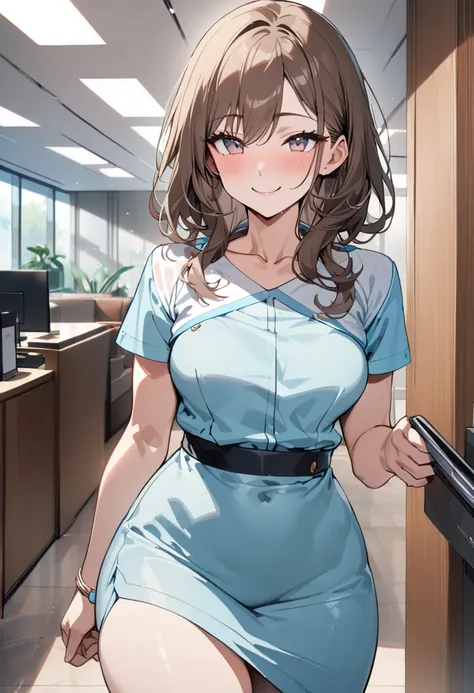 top quality, masterpiece,  high res, 8k,  anatomically correct human body, 1 girl, Alone, mature woman, ( with expressive dark brown hangings), ((( bright brown hair ))), (((Receptionist))), standing, (((cowboy shot))), (Receptionistの水色のユニフォーム), (((Light b...