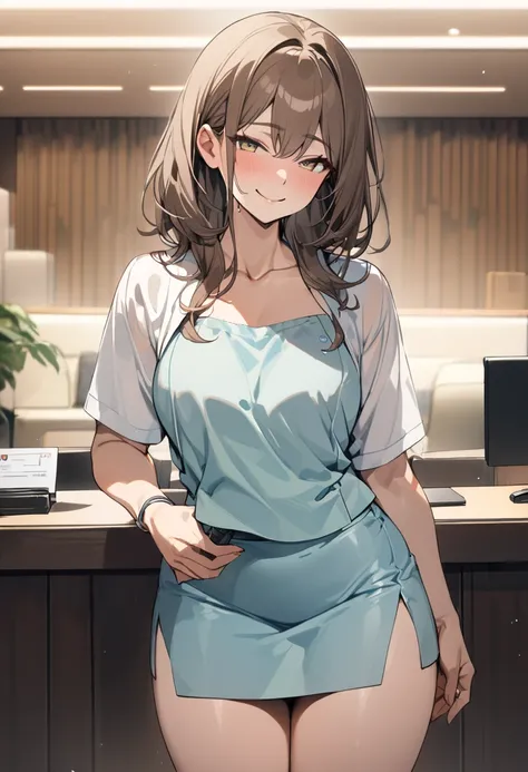 top quality, masterpiece,  high res, 8k,  anatomically correct human body, 1 girl, Alone, mature woman, ( with expressive dark brown hangings), ((( bright brown hair ))), (((Receptionist))), standing, (((cowboy shot))), (Receptionistの水色のユニフォーム), (((Light b...